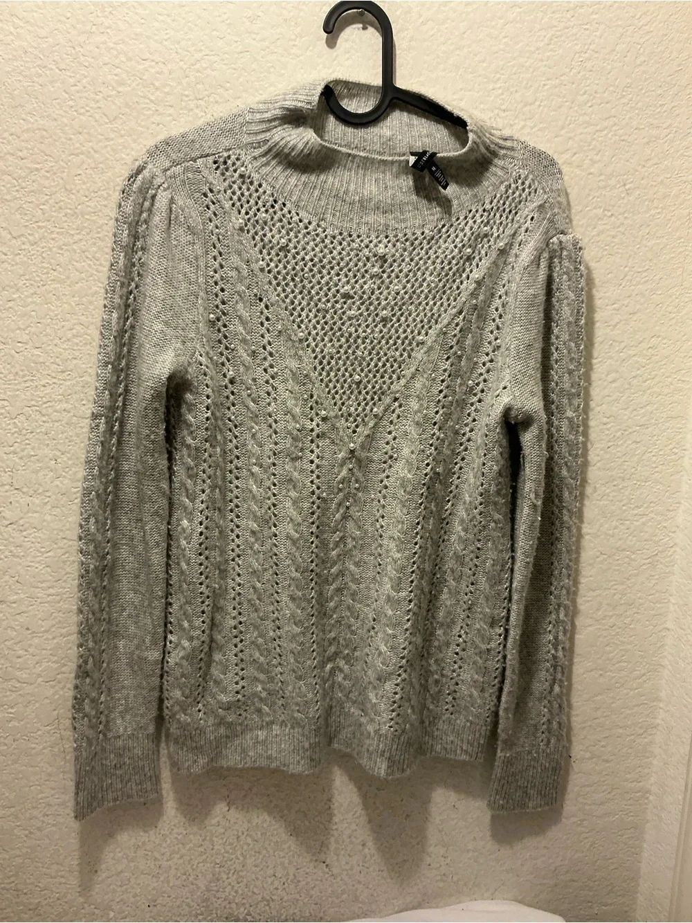 White House Black Market Light Gray Openwork Mock Neck Sweater